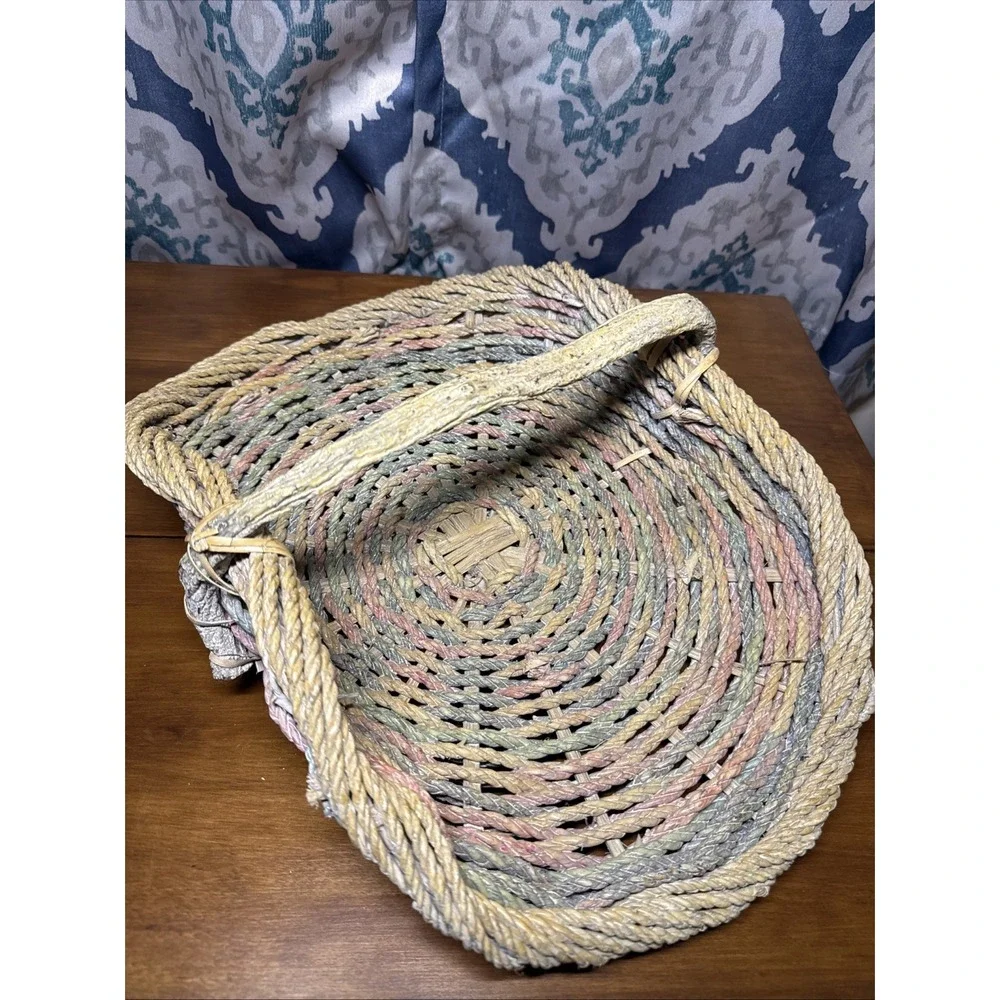 Vintage Rope Gathering Basket‎ Large Distressed Branch Handle Pastel Colors